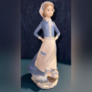 Byron Mold Vintage 1984 Goose Girl Figurine Blue White Ceramic Cottagecore 9”